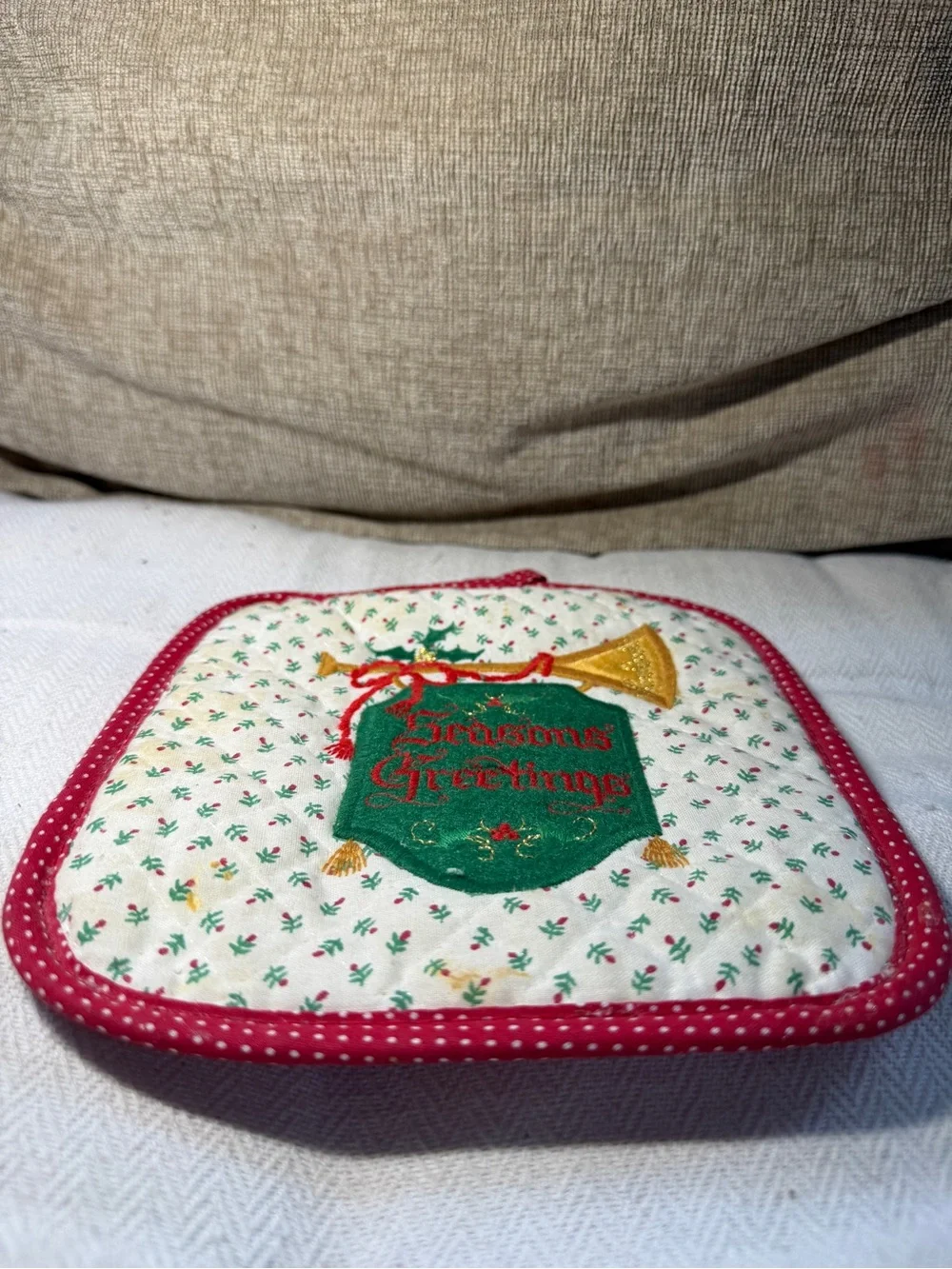 Vintage Christmas Pot Holder Seasons Greetings Embroidered Holiday Trivet